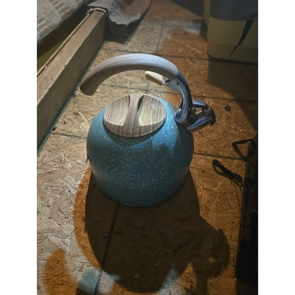 Solustre Whistling Tea Kettle Blue Stovetop Wooden Handle 2L Stainless Steel